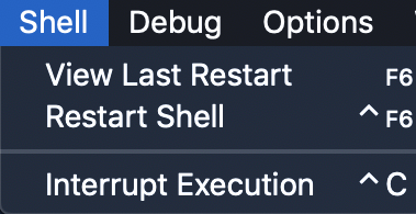 the строка меню для IDLE с отображенным меню Shell