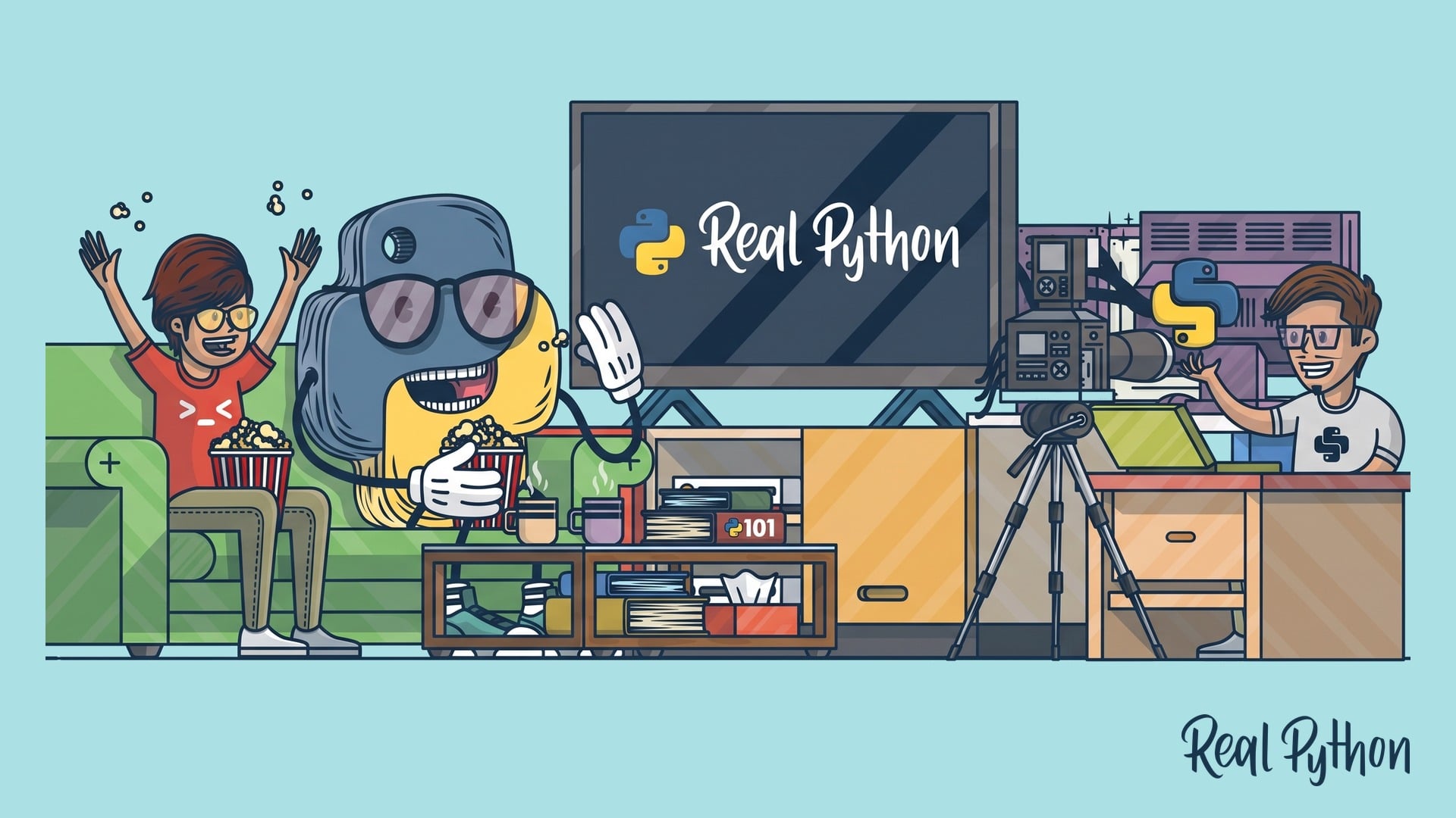 A cheering viewer and the Python mascot eat popcorn on a green couch facing a Real Python TV, while a presenter waves at a camera from his desk.