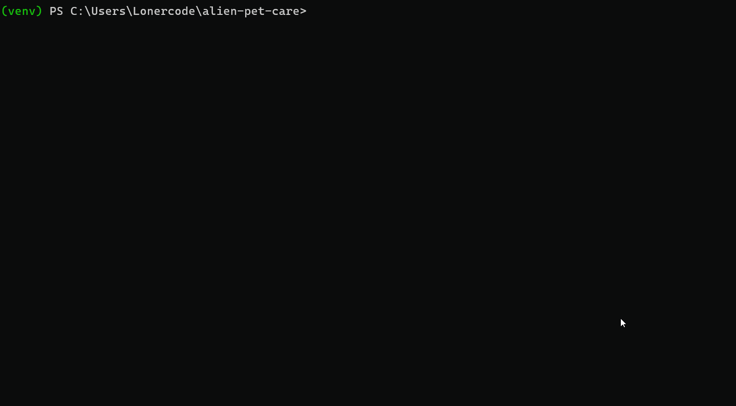 Terminal output showing successful execution of pet program after debugging session.