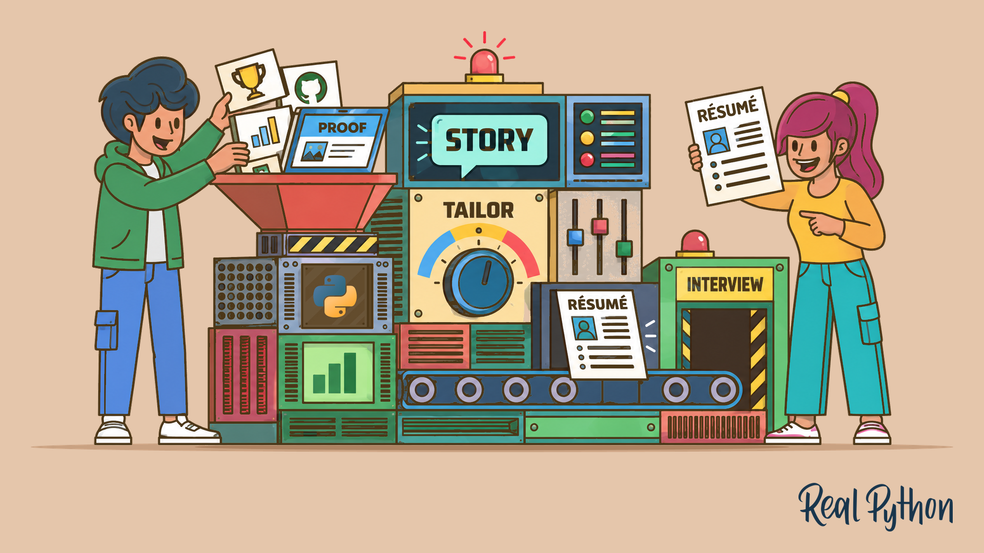 Two people with a retro machine that turns achievement cards fed into a PROOF hopper into a printed résumé, with TAILOR and STORY panels and a conveyor leading to an INTERVIEW door.