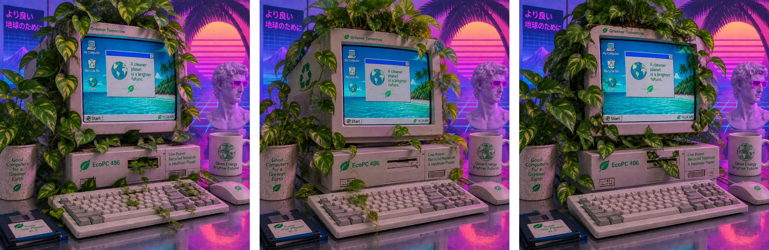 Three edited versions of the eco-friendly computer, each with vines and leaves growing out of the monitor and case