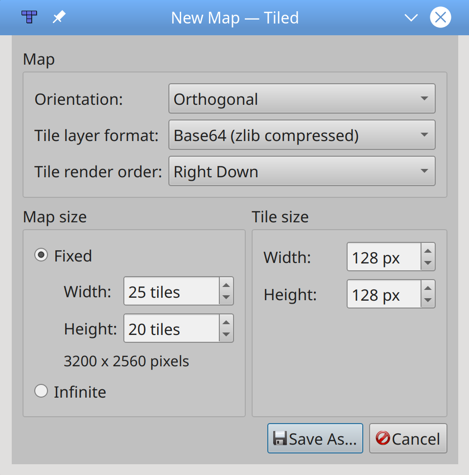 Creating a new tile map in Tiled