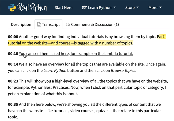 Clickable sentences in Real Python video transcripts