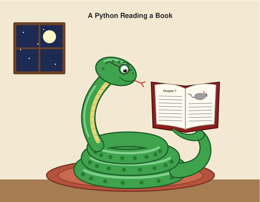A python reading a book, drawn by Claude Opus 5.5