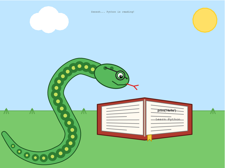 A python reading a book, drawn by Claude Sonnet 5.5