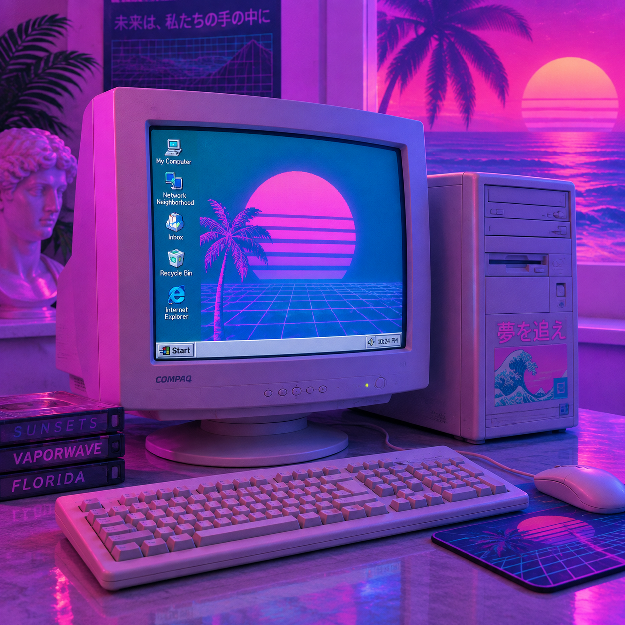 A beige 1990s desktop computer showing a neon sunset wallpaper, next to a marble bust, in pink and purple vaporwave lighting