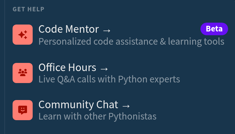 The Get Help group of the Learn Python menu, with three rows: Code Mentor, Office Hours, and Community Chat, labelled learn with other Pythonistas.