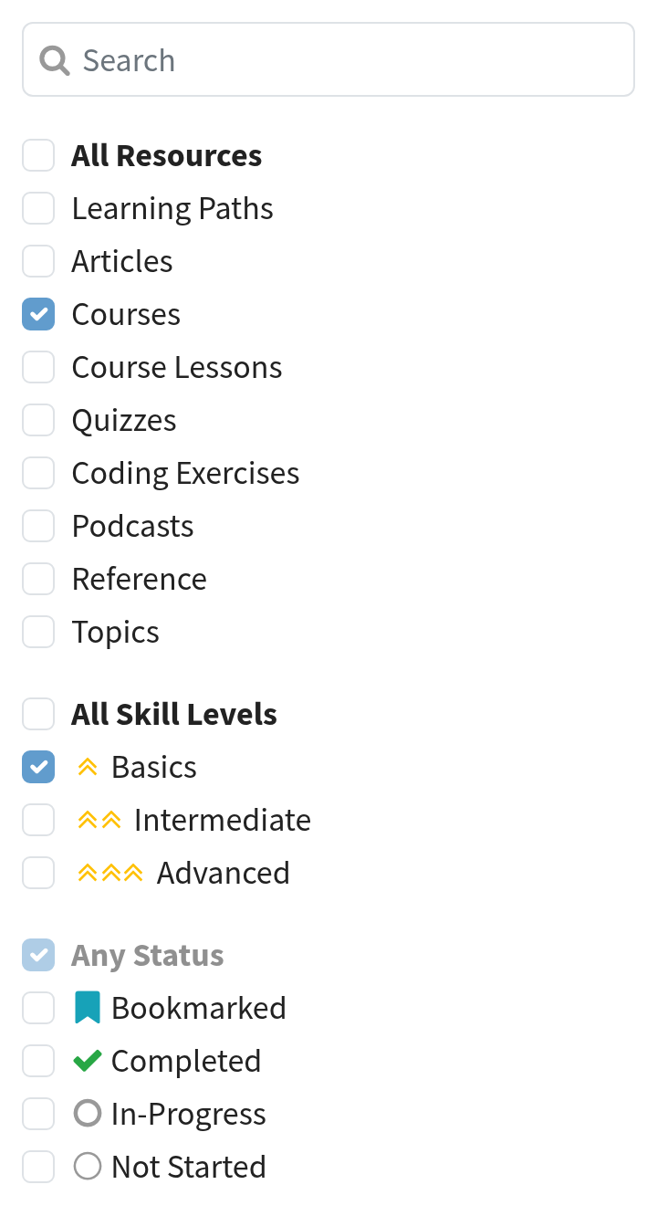 The Real Python search box and filter sidebar with Courses and Basics ticked, showing how a resource-type filter and a skill-level filter stack together.