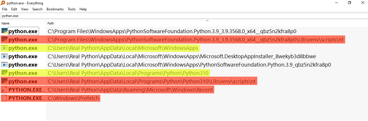 A screenshot of the Everything program searching for "python.exe"