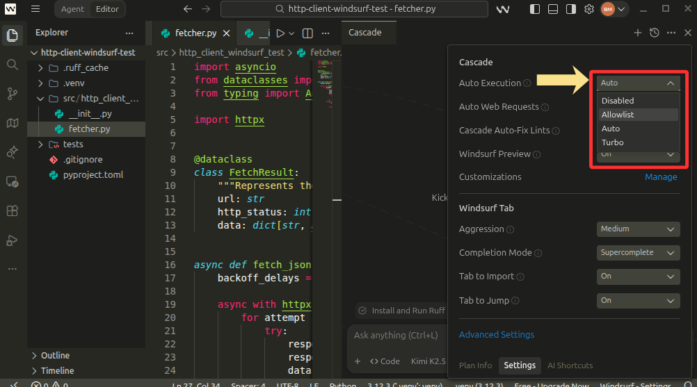 Image showing the Windsurf Auto Execution settings and features