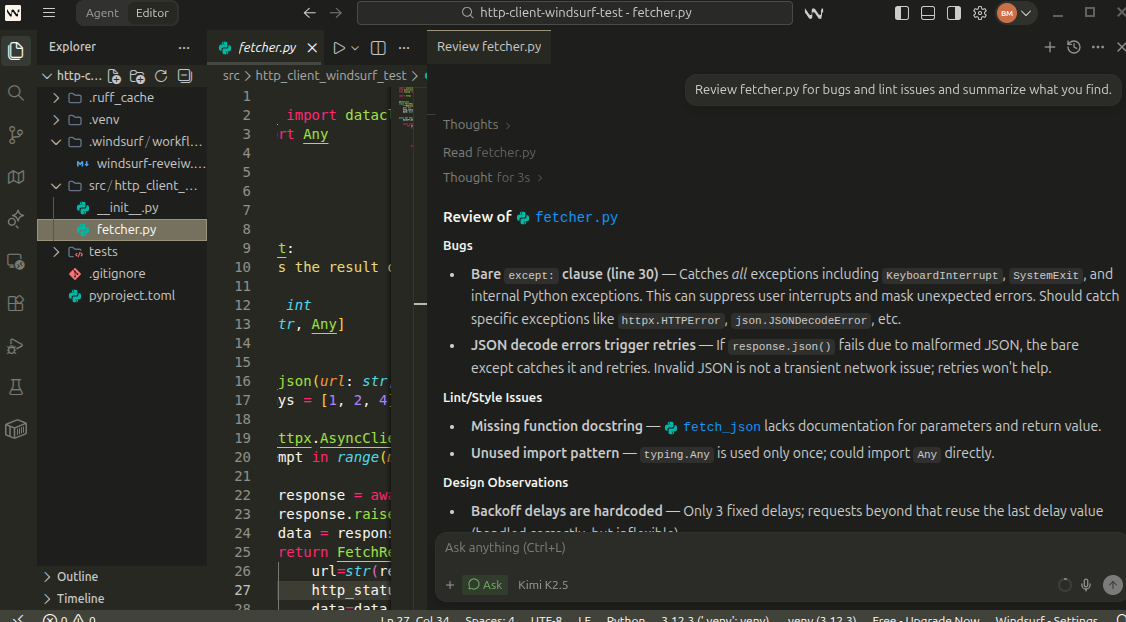 Prompting Windsurf to perform a review on any errors, or lint issues in a file and summarize what it finds